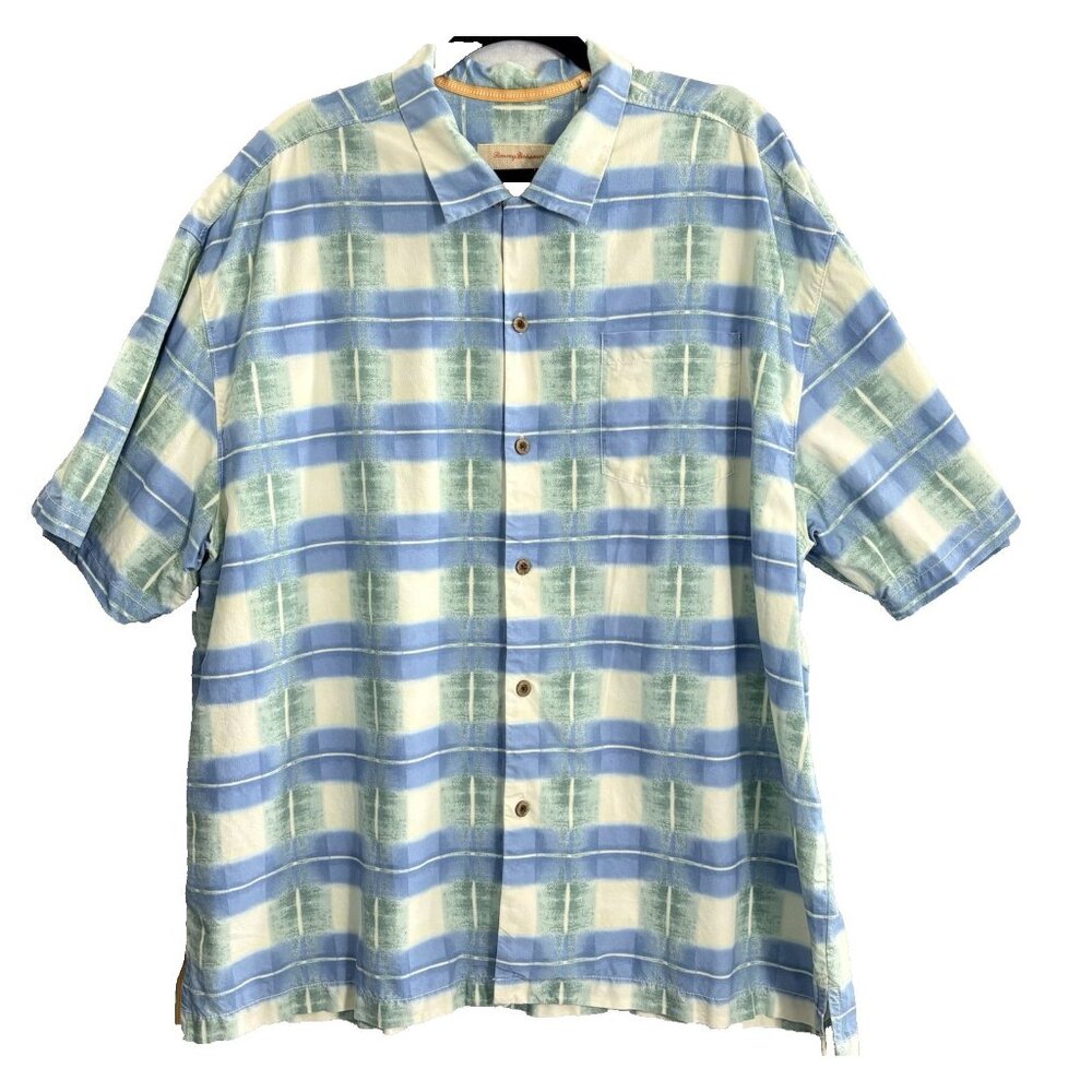 TOMMY BAHAMA Men Silk Cotton Button Front Shirt Sz 2XL Blue Green Hawaiian 11-5